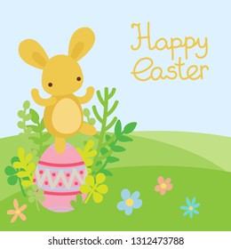 Vector easter bunny and egg in field.