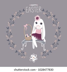 Vector Easter bunny with eggs. Spring illustration. Funny fashion rabbit. Happy Easter greeting card. 