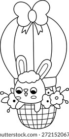 Vector Conejo de Pascua volando en globo de aire caliente con flores. Icono de línea de conejo divertido. Primavera o animal de granja ilustración en blanco y negro para niños. Divertido Clipart de liebre, página para colorear aislado en blanco
