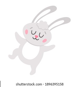 Vector Easter bunny icon. Dancing rabbit isolated on white background. Cute adorable animal illustration for kids. Funny spring hare with closed eyes.
