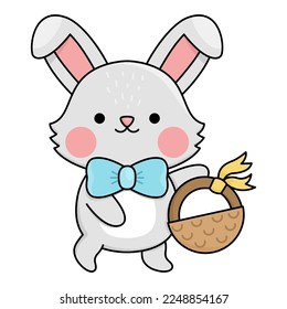 Vector Easter bunny icon for kids. Cute kawaii rabbit illustration. Funny cartoon hare character. Traditional spring holiday symbol with basket
