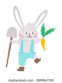 Vector Easter Bunny Icon. Rabbit Boy With Spade And Carrot Isolated On White Background. Cute Animal Gardener Illustration For Kids. Funny Spring Hare Picture.
