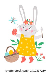 Vector Easter bunny icon. Rabbit girl in dress with brush, colored egg, basket, dragonfly isolated on white background. Greeting card template with cute animal for kids. Funny spring hare picture.
