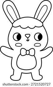 Vektor Osterhase Linie Symbol. Kaninchen mit Fliege Bild. Nette Frühling oder Bauernhof Tier schwarz-weiß Illustration für Kinder. Lustiger Hase, Farbseite einzeln auf weißem Hintergrund
