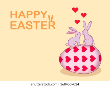 Vector easter bunny love, rabbits kissing each other standing on egg, heart patterned egg, happy easter lettering,