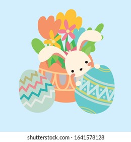 Vector easter bunny, rabbit peek out eggs, flowers