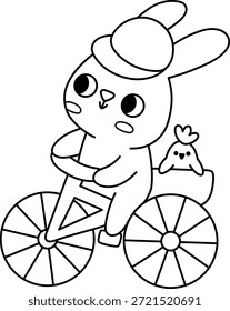 Vetor Páscoa coelho andando bicicleta com o filhote na cesta. Coelho engraçado no ícone da linha de bicicleta. Ilustração em preto e branco de primavera ou animal de fazenda bonito para crianças. Engraçado clipart lebre, página de coloração
