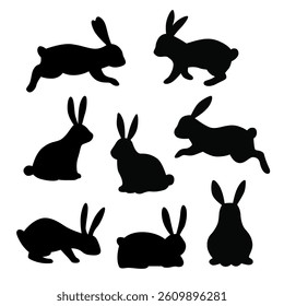 Vector Easter bunny set of rabbit silhouettes in different positions.