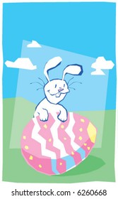 vector Easter Bunny sitting behind a colored egg