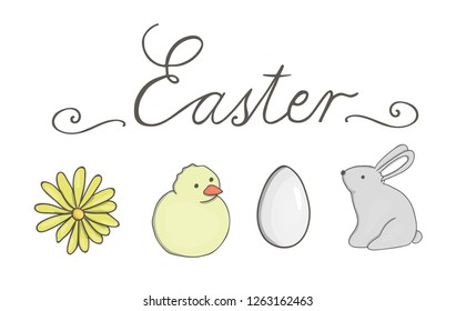 Vector Easter calligraphy with rabbit, chick, flower and egg isolated on white background. Season greeting lettering. Cute hand drawn Happy Easter text. Card, invitation, banner, poster, postcard 