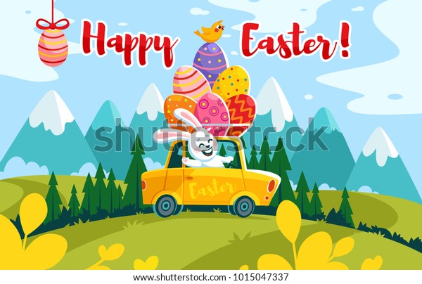 vector easter car\
egg bunny driving\
horisontal