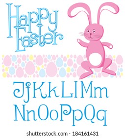 Vector Easter card with alphabet, eggs of different color, rabbit