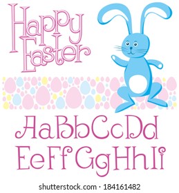 Vector Easter card with alphabet, eggs of different color, rabbit