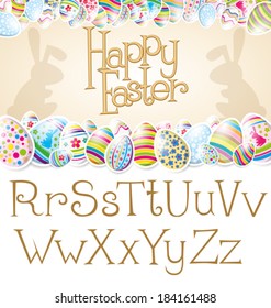 Vector Easter card with alphabet, eggs of different color, rabbit