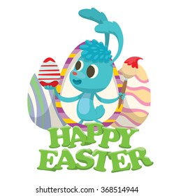 Vector Easter card with big colorful Easter eggs, green words "Happy Easter" and with cartoon image of blue Easter bunny in the center with colorful Easter egg and brush in  paws on a white background
