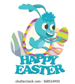 Vector Easter card with big colorful Easter eggs, green words "Happy Easter" and with cartoon image of blue Easter bunny in the center with colorful Easter egg and brush in  paws on a white background