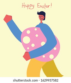 Vector Easter card with boy holding the egg and hand drawn text - Happy Easter in the flat style