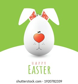 Vector Easter card with a bunny and an egg, a round body in the form of an egg, a bunny on the grass