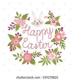 Vector Easter card with bunny and flowers. Floral holiday background with rabbit and blooming wreath.