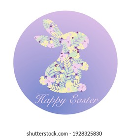 Vector easter card with bunny and rabbit, flowers, birds on ombre background. Happy Easter greeting card