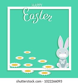 Vector of Easter card with bunny,chamomile,frame and inscription happy Easter
