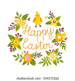 Vector Easter card with chick and flowers. Floral holiday background with bird and blooming wreath. 