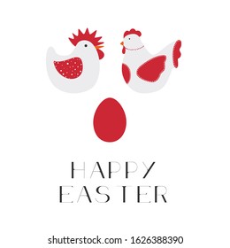 Vector Easter card. Chicken couple with egg. Original vintage decorative illustration for print, web.
