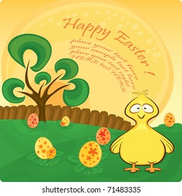 Vector Easter card with chicken. Isolated objects for easy editing. Available space for your text. If you search for similar images please browse my gallery.