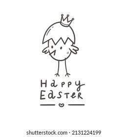 Vector easter card with cute cartoon chicken. Doodle line art character. Funny holiday print.