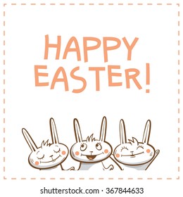 Vector easter card with cute cartoon rabbits  and pink text.