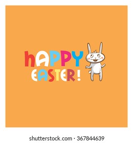 Vector easter card with cute cartoon rabbit and  color text.