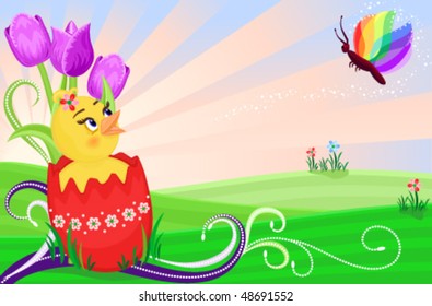 Vector Easter card with cute chick. EPS AI8, all elements layered and grouped.