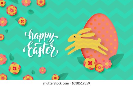 Vector Easter card with cute color paper cut Easter egg, jumping bunny, rabbit and spring flowers blossom. Happy Easter greeting card text with cartoon papercut illustration on green background