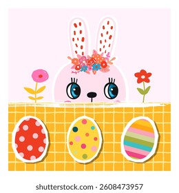 Vector Easter card with cute peeking bunny, eggs and flowers, pink rabbit illustration design for kids and babies