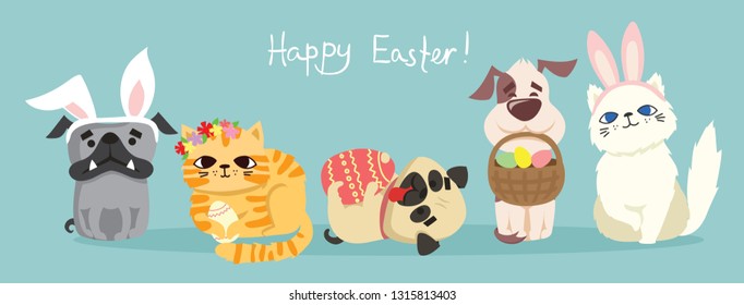 Vector Easter card with cute puppy dogs and cats with rabbit ears, spring flower, eggs and hand drawn text - Happy Easter in the flat style