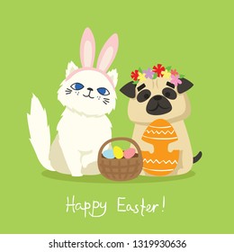 Vector Easter card with cute puppy dog and cat with rabbit ears, spring flower, eggs and hand drawn text - Happy Easter in the flat style