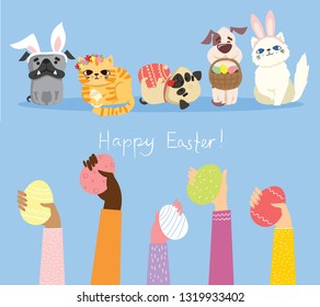Vector Easter card with cute puppy dogs and cats with rabbit ears, spring flower, eggs and hands hold easter eggs- Happy Easter in the flat style 