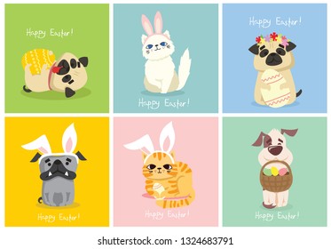 Vector Easter card with cute puppy dogs and cats with rabbit ears, spring flower, eggs and hand drawn text - Happy Easter in the flat style