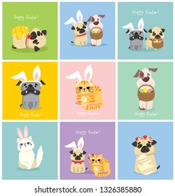 Vector Easter card with cute puppy dogs and cats with rabbit ears, spring flower, eggs and hand drawn text - Happy Easter in the flat style 