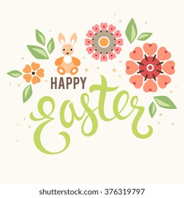 Vector Easter card design with bunny and flowers.