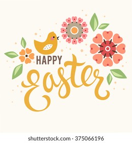 Vector Easter card design with chick and  flowers.