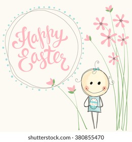 Vector Easter card design with decorative flowers, kid and egg.