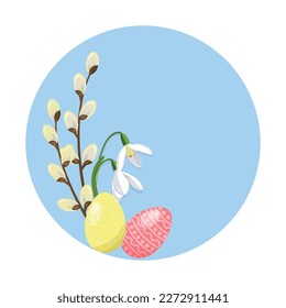 Vector Easter card of Easter eggs, branches willow and snowdrop flowers on blue background. Easter greeting card. Illustration.