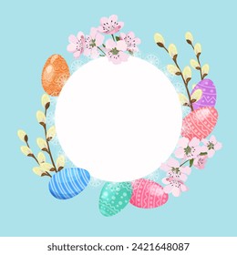 Vector Easter card of Easter eggs, branches willow and cherry flowers on blue background. Easter greeting card. Illustration.