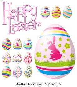 Vector Easter card with eggs of different color, rabbit