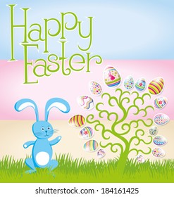 Vector Easter card with eggs of different color, rabbit