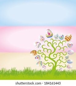 Vector Easter card with eggs of different color, rabbit