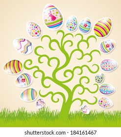 Vector Easter card with eggs of different color, rabbit