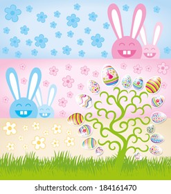 Vector Easter card with eggs of different color, rabbit