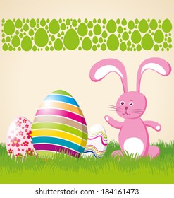 Vector Easter card with eggs of different color, rabbit